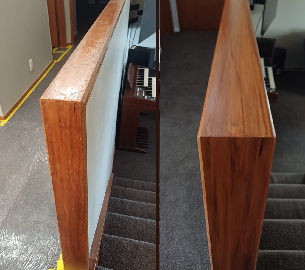 handrail wood restoration - before and after